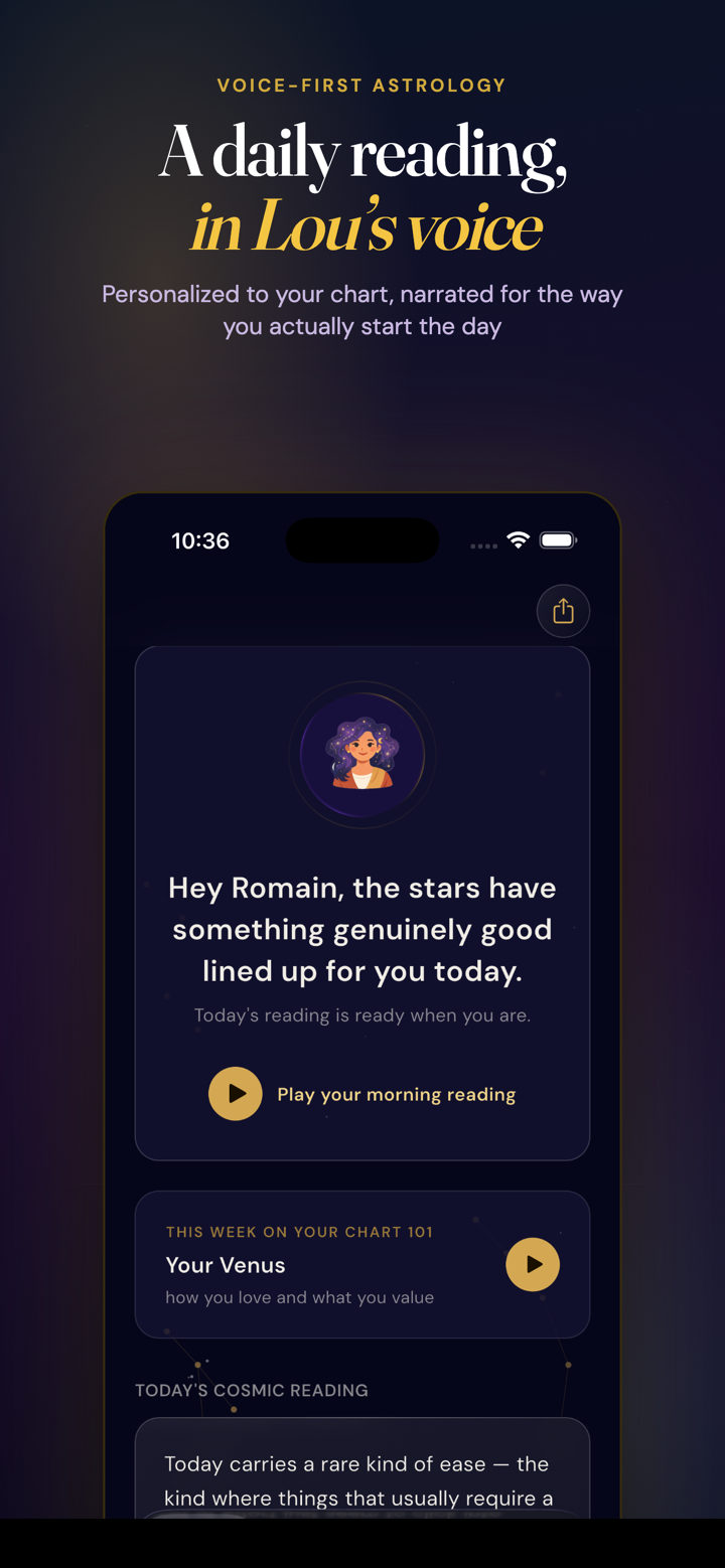 A daily reading, in Lou's voice — the Today screen with morning hero