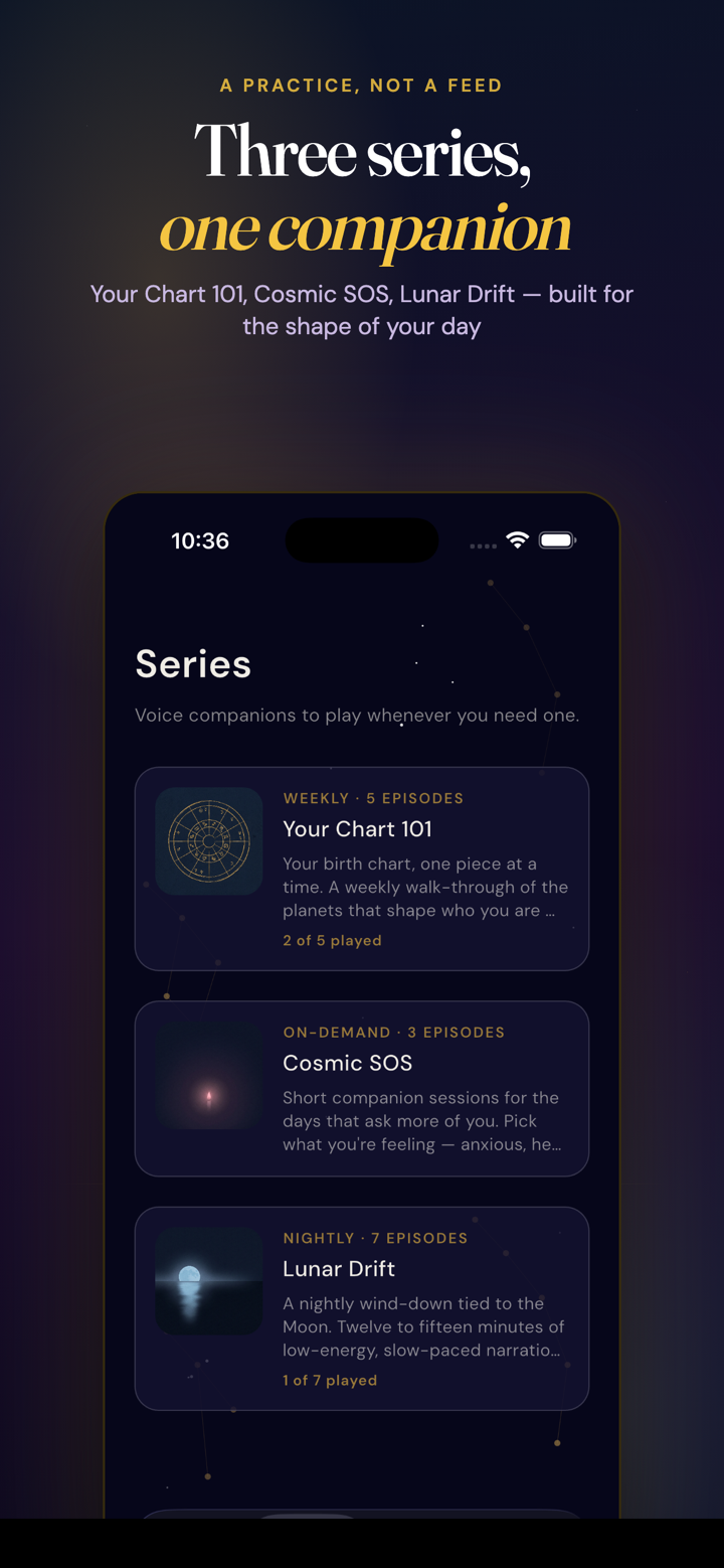 Three series, one companion — Your Chart 101, Cosmic SOS, and Lunar Drift